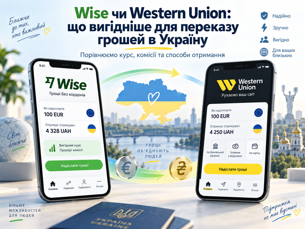 Що вигідніше для переказу в Україну — Wise чи Western Union? Порівняння курсу, комісій, готівкового отримання та банківських переказів.