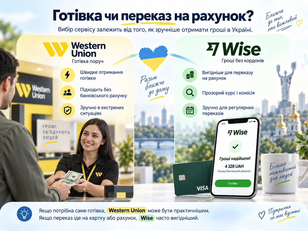 Порівняння Wise та Western Union для України: скільки коштує переказ, який курс використовується та коли вигідніше обирати кожен сервіс.