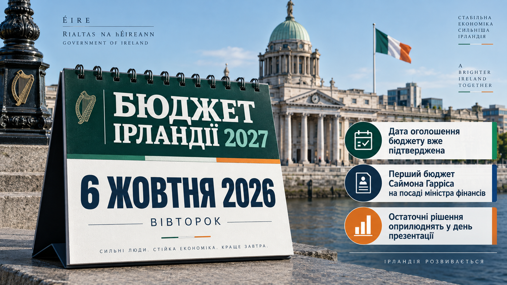 Бюджет Ірландії 2027: дата презентації, пакет €8,5 млрд, зміни податків, соціальних виплат, childcare та податку на спадщину.