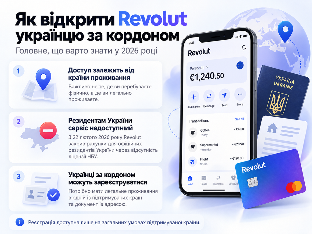 Як відкрити Revolut українцю за кордоном у 2026 році: кому доступний рахунок, які документи потрібні та як пройти реєстрацію онлайн.