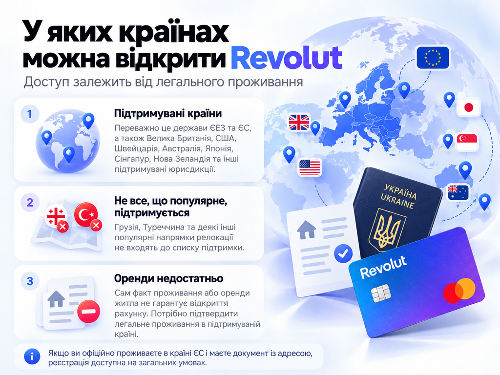 Як відкрити Revolut українцю за кордоном: список документів, країни підтримки, покрокова реєстрація та обмеження для резидентів України.