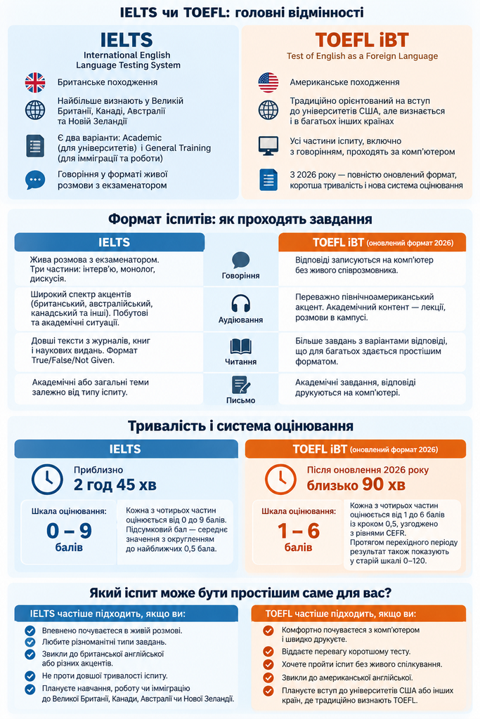 IELTS чи TOEFL: що краще обрати? Дізнайтеся про головні відмінності іспитів, новий формат TOEFL 2026 та особливості IELTS.